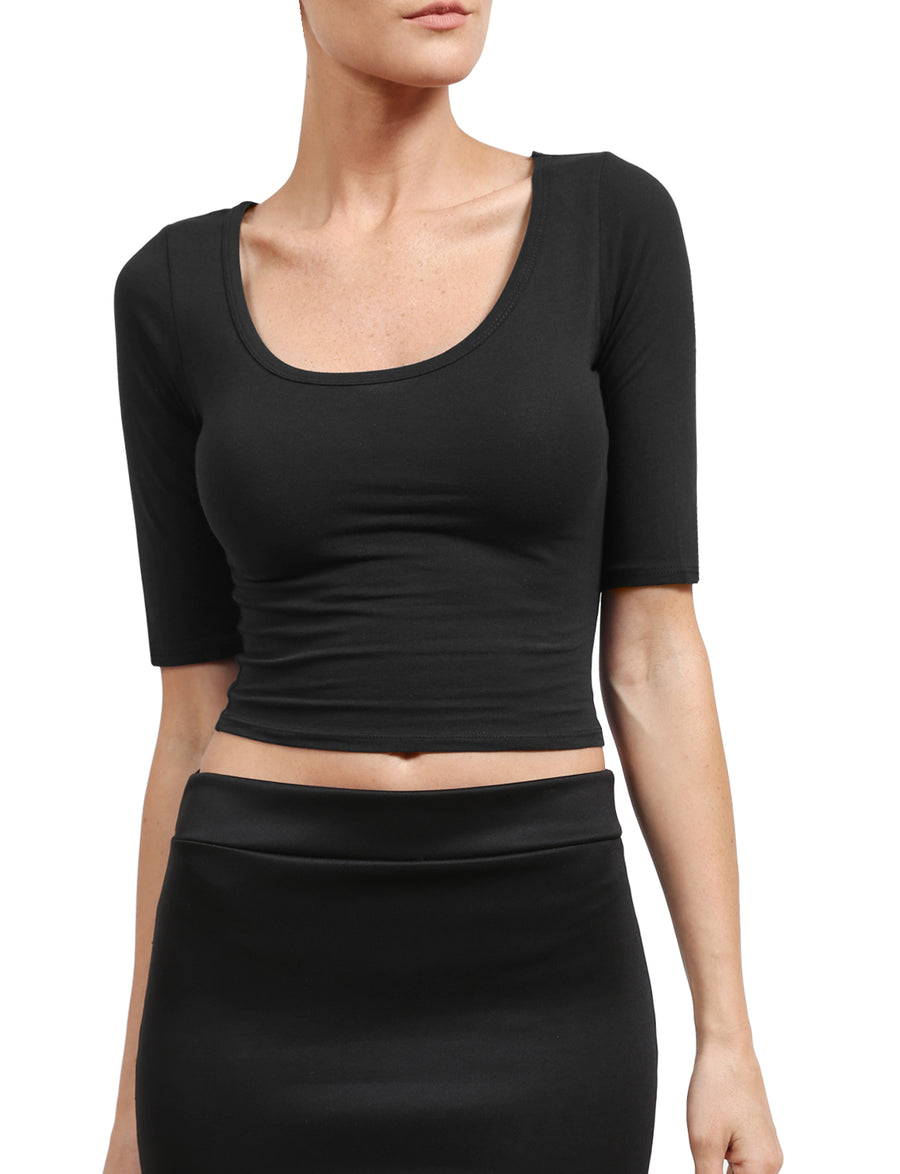 SLIM FITTED CASUAL CREW NECK ELBOW SLEEVE CROP TOP SHIRTS NEWT174 