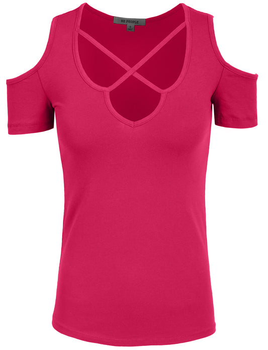 BASIC CROSS FRONT DEEP V-NECK LINE SHORT SLEEVE T-SHIRTS NEWT196