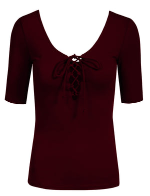 SEXY SCOOP NECK CUT OUT LACE UP RIBBED T-SHIRTS NEWT197 