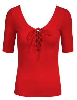 SEXY SCOOP NECK CUT OUT LACE UP RIBBED T-SHIRTS NEWT197 