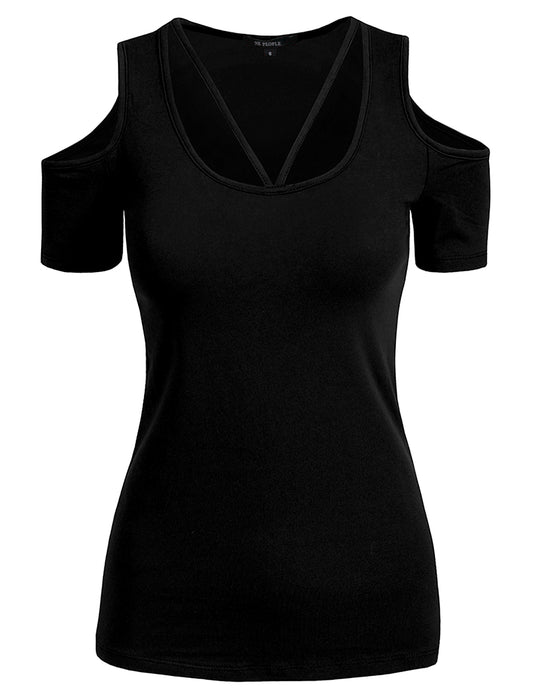 BASIC STRING OPEN SHOULDER SHORT SLEEVE T-SHIRTS NEWT198