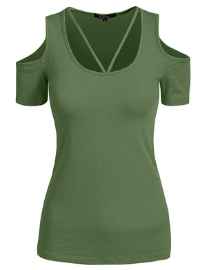 BASIC STRING OPEN SHOULDER SHORT SLEEVE T-SHIRTS NEWT198 