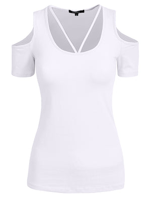 BASIC STRING OPEN SHOULDER SHORT SLEEVE T-SHIRTS NEWT198 