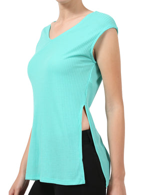 CASUAL RIBBED CAP SLEEVE V-NECK TANK TOP SHIRT NEWT208 