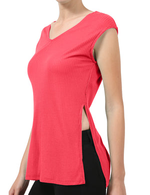 CASUAL RIBBED CAP SLEEVE V-NECK TANK TOP SHIRT NEWT208 