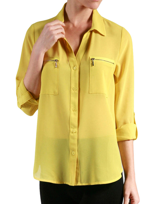 3/4 ROLL UP SLEEVE SEMI-SHEER PLAIN/PRINT/POCKETS BUTTON DOWN BLOUSE NEWT218