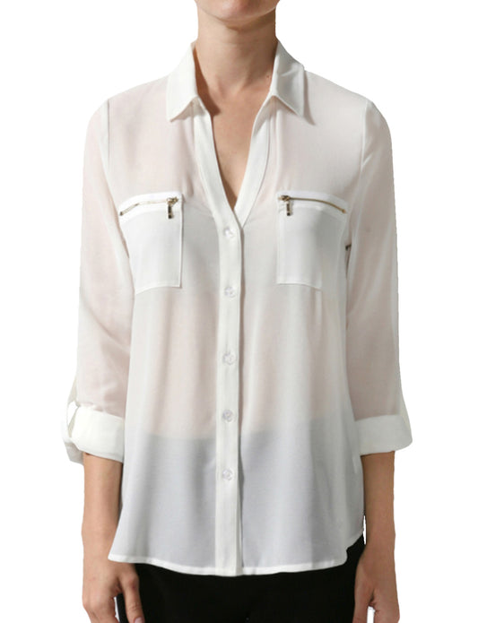 3/4 ROLL UP SLEEVE SEMI-SHEER PLAIN/PRINT/POCKETS BUTTON DOWN BLOUSE NEWT218