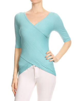 CASUAL 3/4 SLEEVE SLIM FITTED RIBBED WRAP TOP NEWT285 PLUS
