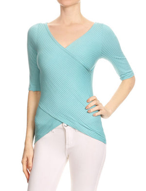 CASUAL 3/4 SLEEVE SLIM FITTED RIBBED WRAP TOP NEWT285 