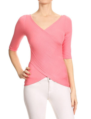 CASUAL 3/4 SLEEVE SLIM FITTED RIBBED WRAP TOP NEWT285 PLUS