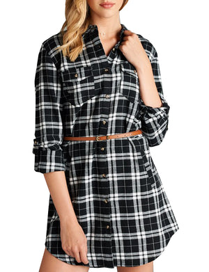LONG SLEEVE FLANNEL CHECK PLAID SHIRTS DRESS WITH BELT NEWT288 