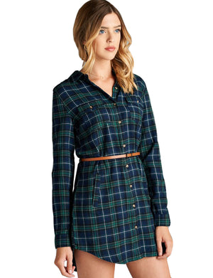 LONG SLEEVE FLANNEL CHECK PLAID SHIRTS DRESS WITH BELT NEWT288 