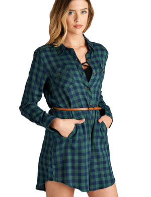 LONG SLEEVE FLANNEL CHECK PLAID SHIRTS DRESS WITH BELT NEWT289 