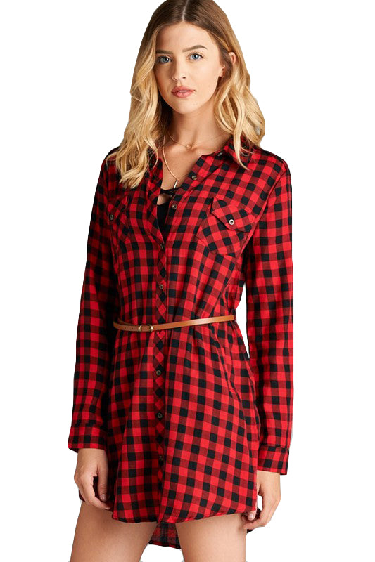 LONG SLEEVE FLANNEL CHECK PLAID SHIRTS DRESS WITH BELT NEWT289 