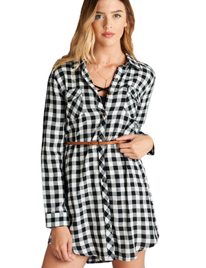 LONG SLEEVE FLANNEL CHECK PLAID SHIRTS DRESS WITH BELT NEWT289 