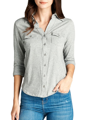 WOMEN’S COZY HALF SLEEVE BUTTON DOWN SHIRTS WITH SIDE RIB PANEL NEWT293 