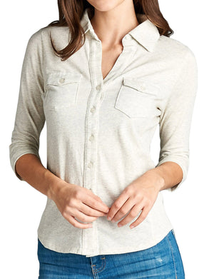 WOMEN’S COZY HALF SLEEVE BUTTON DOWN SHIRTS WITH SIDE RIB PANEL NEWT293 
