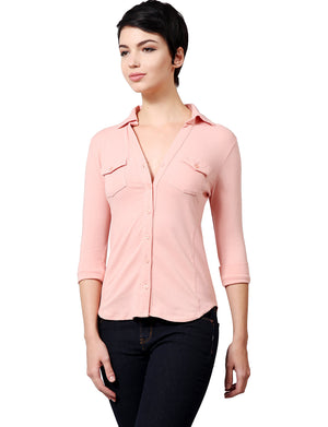 WOMEN’S COZY HALF SLEEVE BUTTON DOWN SHIRTS WITH SIDE RIB PANEL NEWT293 