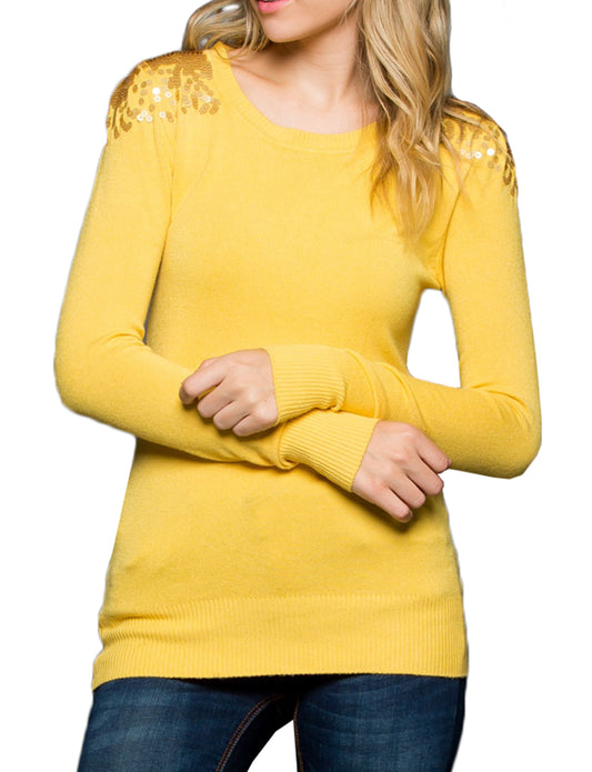 SHOULDER SEQUINED SPANGLE LONG SLEEVE SWEATER TOP NEWT307