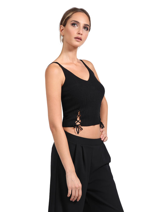 SLEEVELESS OPEN LACE UP CROP KNIT TOP T-SHIRTS NEWT3091