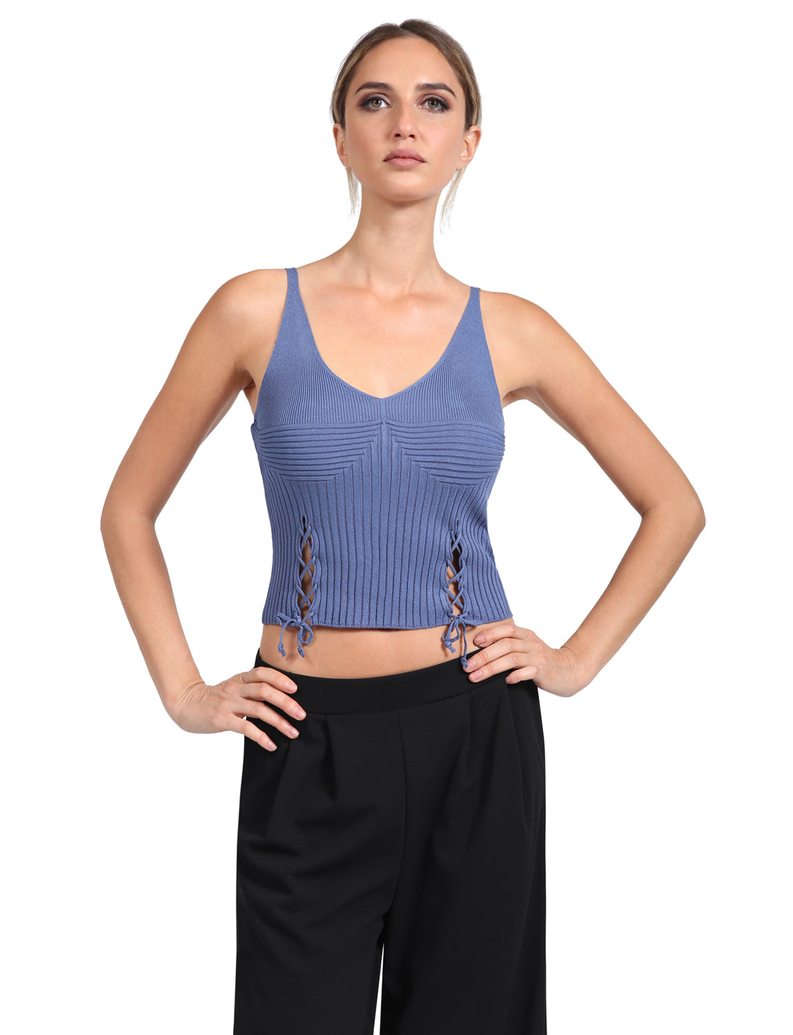 SLEEVELESS OPEN LACE UP CROP KNIT TOP T-SHIRTS NEWT3091 
