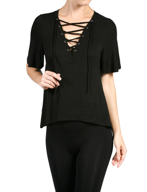 WOMEN’S SEXY PLUNGE DEEP V-NECK LACE UP SHORT SLEEVE TOP NEWT319 