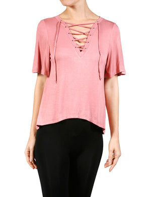 WOMEN’S SEXY PLUNGE DEEP V-NECK LACE UP SHORT SLEEVE TOP NEWT319 