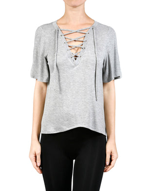 WOMEN’S SEXY PLUNGE DEEP V-NECK LACE UP SHORT SLEEVE TOP NEWT319 