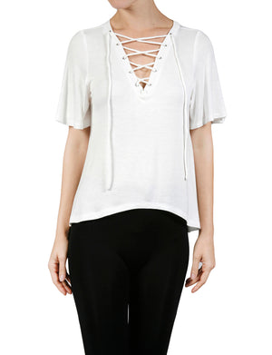 WOMEN’S SEXY PLUNGE DEEP V-NECK LACE UP SHORT SLEEVE TOP NEWT319 