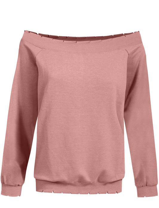 LONG RAGLAN SLEEVE OPEN SHOULDER LY DISTRESSED RIBBED TOP NEWT323