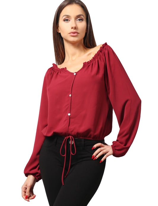 SEXY LONG SLEEVE CHIFFON OFF SHOULDER BUTTON BLOUSE TOP NEWT338