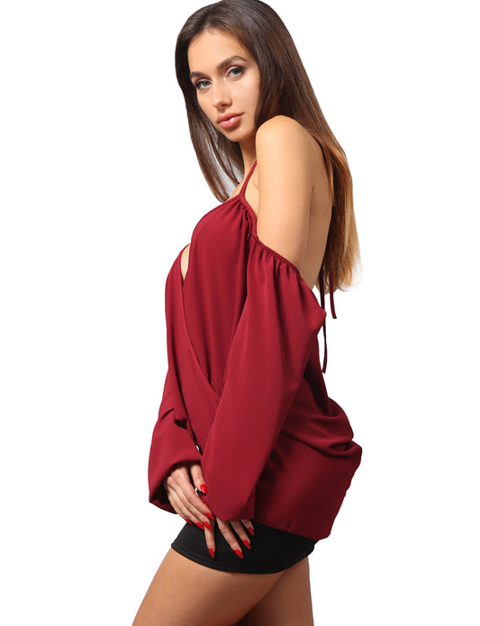 SPAGHETTI STRAP HALTER NECK CROSS WRAP BLOUSE TOP NEWT339