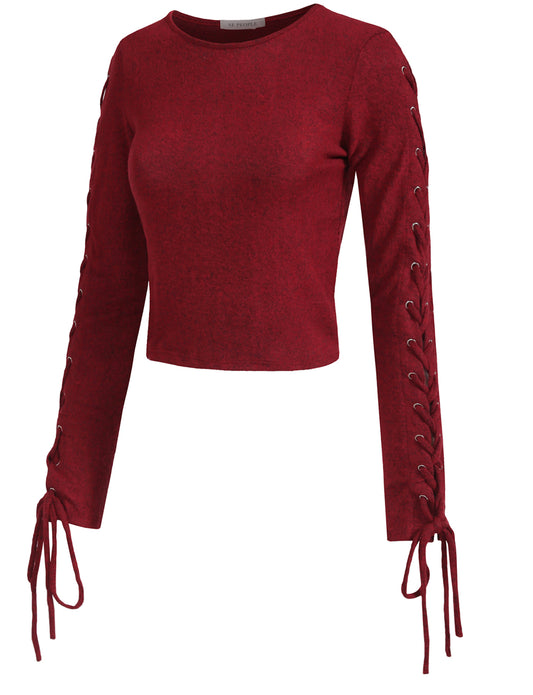 LACE UP RIBBED LONG SLEEVE HOLLOW OUT SWEATER KNIT T-SHIRTS NEWT346 