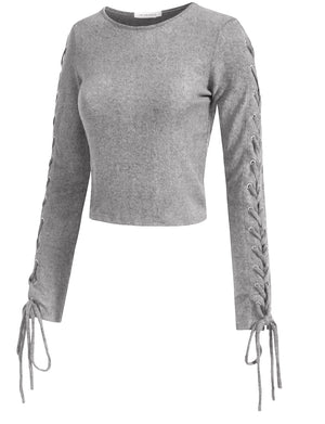 LACE UP RIBBED LONG SLEEVE HOLLOW OUT SWEATER KNIT T-SHIRTS NEWT346 