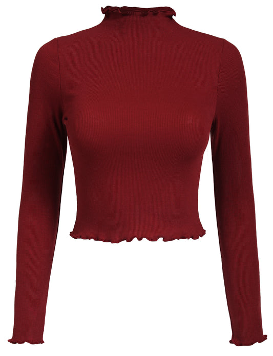 FITTED CAUSAL SOLID FLARE LONG SLEEVE SOFT CROP TOP T-SHIRTS NEWT349