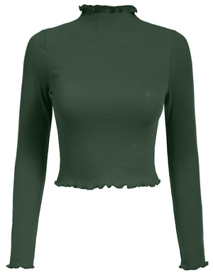 FITTED CAUSAL SOLID FLARE LONG SLEEVE SOFT CROP TOP T-SHIRTS NEWT349 