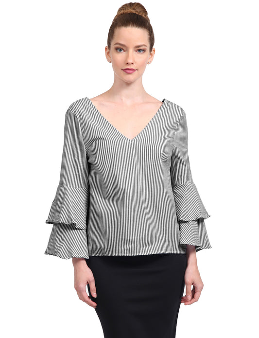 3/4 SLEEVE LOOSE FIT BACK LACE UP V-NECK STRIPED PRINTED TOP NEWT365