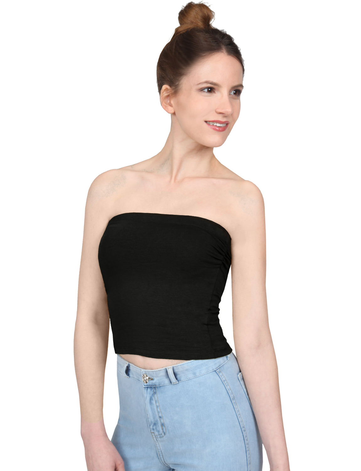 STRETCHY SEAMLESS STRAPLESS CROP TUBE TOP WITH BUILT-IN SHELF BRA