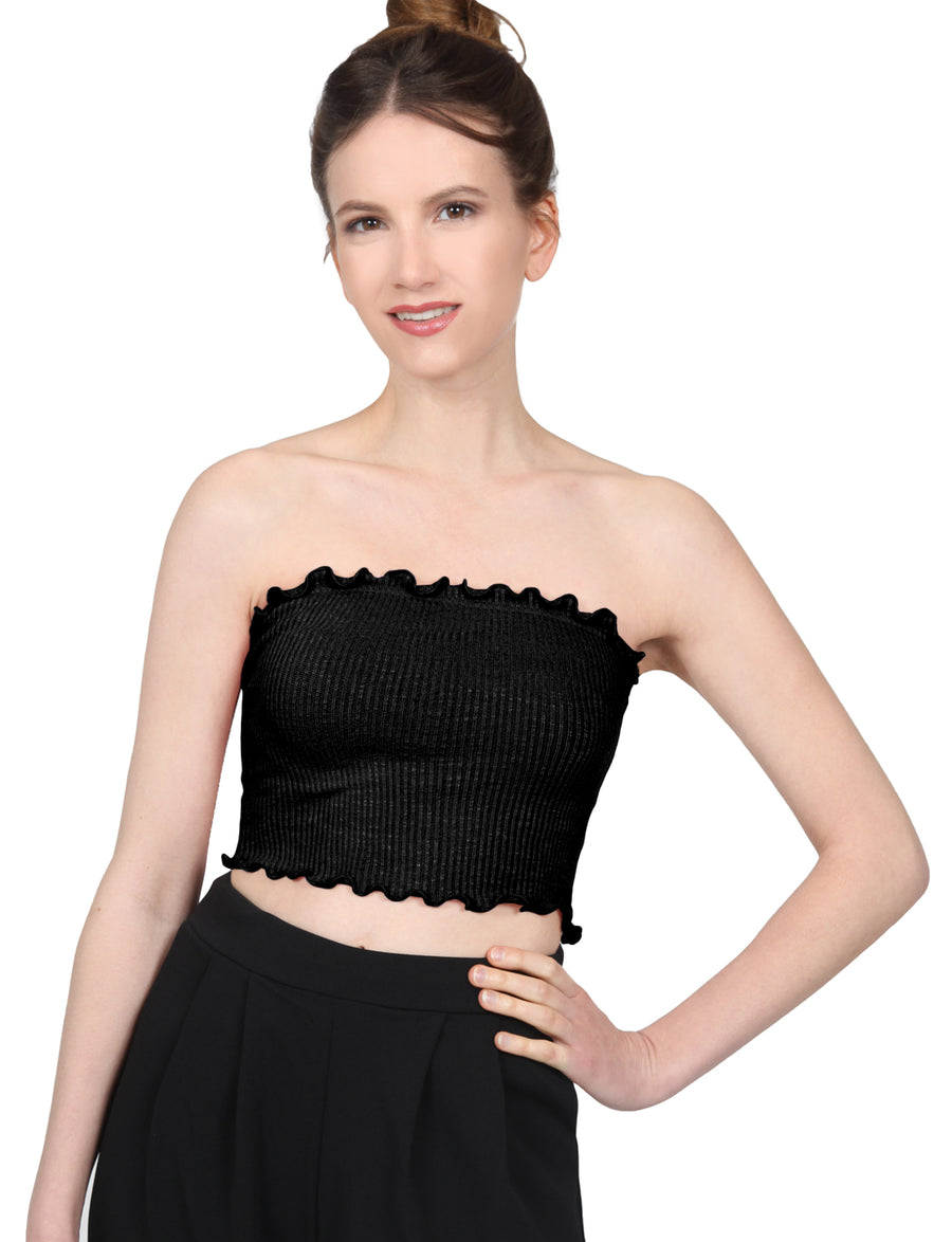 STRETCH FITTED RIBBED RUFFLE HEM SPANDEX SHIRTS CROP TUBE TOPS NEWT374 