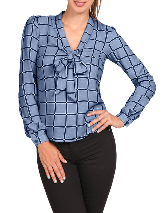 CUFFED LONG SLEEVE PLAID PRINTED FRONT TIE BOW BLOUSE SHIRTS NEWT387