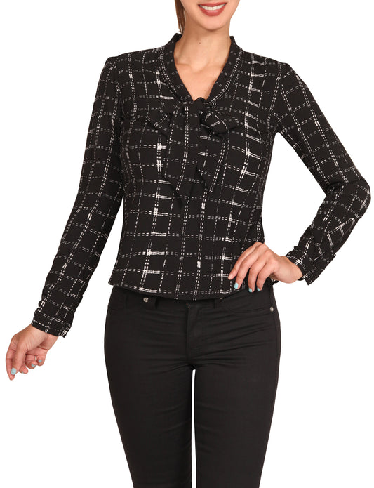 CUFFED LONG SLEEVE PLAID PRINTED FRONT TIE BOW BLOUSE SHIRTS NEWT388