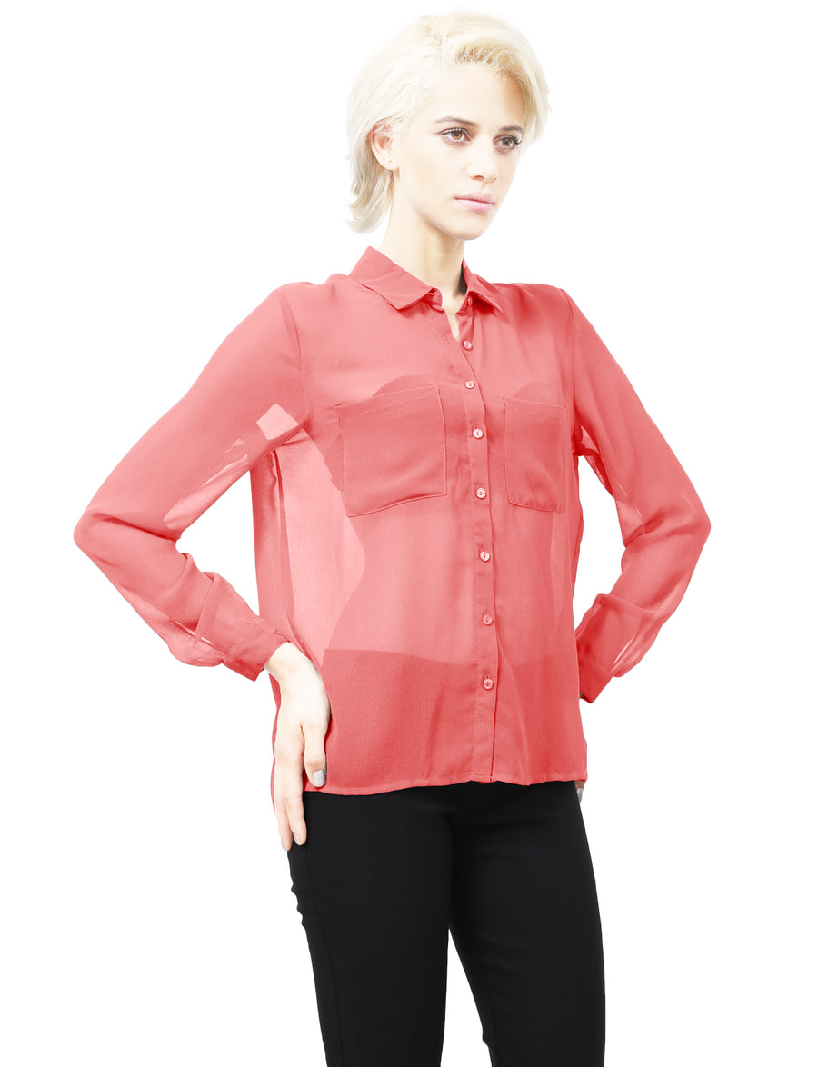 SHEER CHIFFON LONG SLEEVE BUTTON DOWN BLOUSE WITH CHEST POCKETS NEWT91 