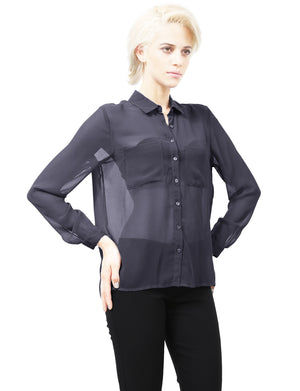 SHEER CHIFFON LONG SLEEVE BUTTON DOWN BLOUSE WITH CHEST POCKETS NEWT91 