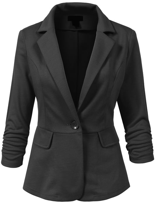 WOMEN LIGHT WEIGHT PEPLUM 3/4 SHIRRING SLEEVE ONE BUTTON BLAZER JACKET NNEWJ106